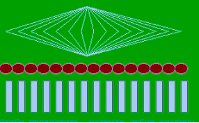Программа : «Меридианы»

SCREEN 7
COLOR 3, 2
FOR i = 10 TO 290 STEP 20
LINE (i, 50)-(140, 10), 11
LINE (i, 50)-(140, 90), 11
CIRCLE (i, 110), 10, 13
PAINT (i, 110), 4, 13
LINE (i, 130)-(i + 10, 180), 9, B
PAINT (i + 5, 140), 11, 9
NEXT i

                   Выполнил    ученик  группы  08
                                            Грунин Виталий